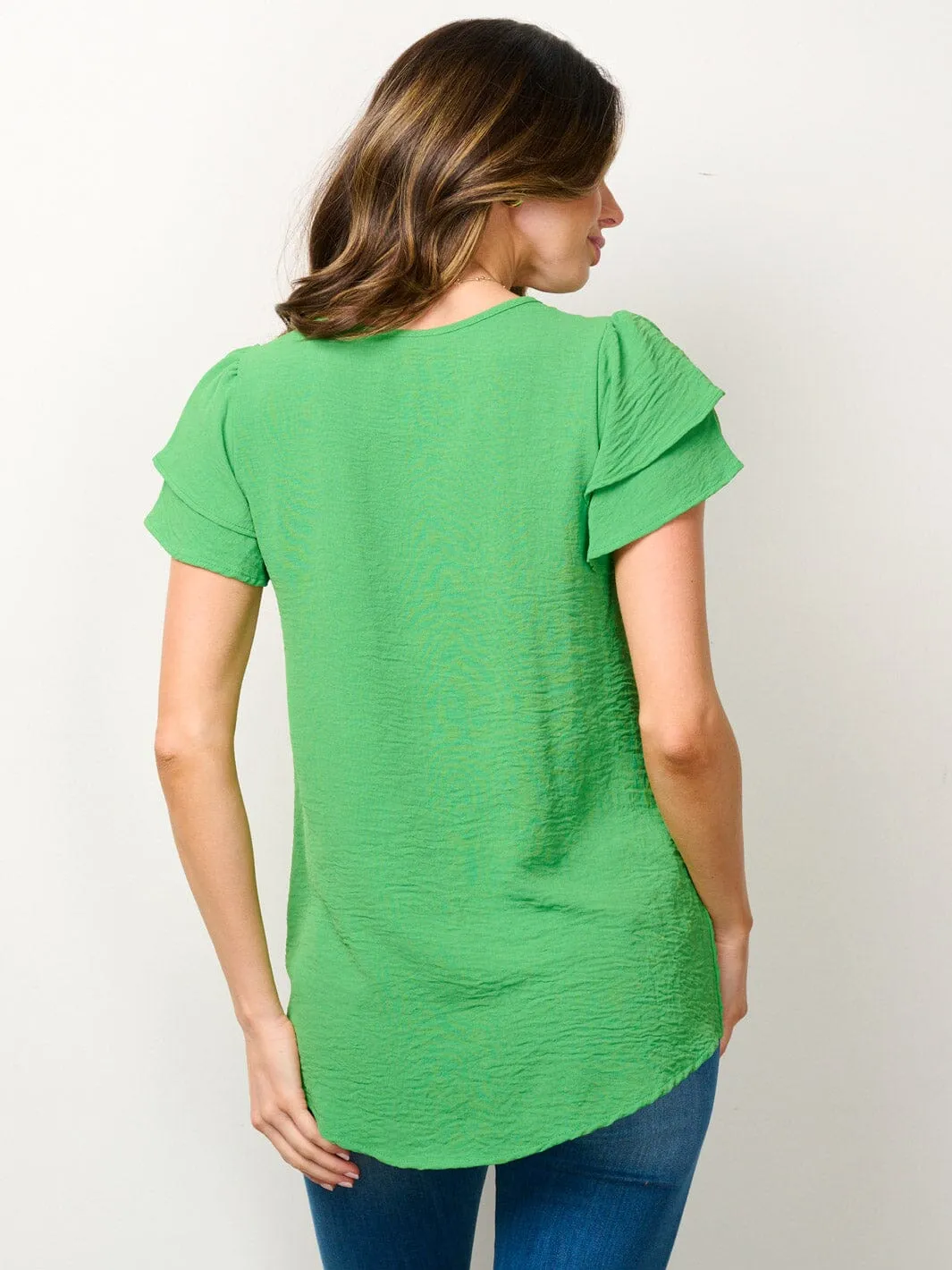 WOMEN'S SHORT RUFFLE SLEEVE SOLID BLOUSE TOP