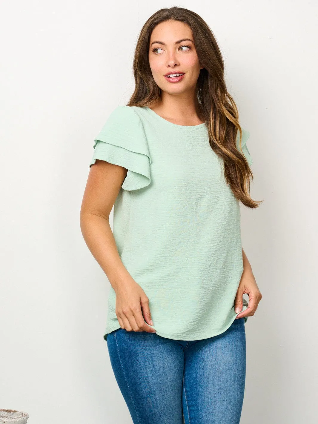 WOMEN'S SHORT RUFFLE SLEEVE SOLID BLOUSE TOP
