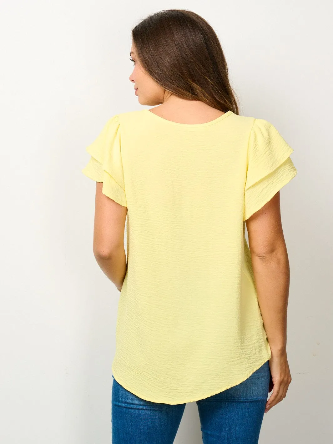 WOMEN'S SHORT RUFFLE SLEEVE SOLID BLOUSE TOP