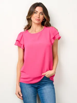 WOMEN'S SHORT RUFFLE SLEEVE SOLID BLOUSE TOP