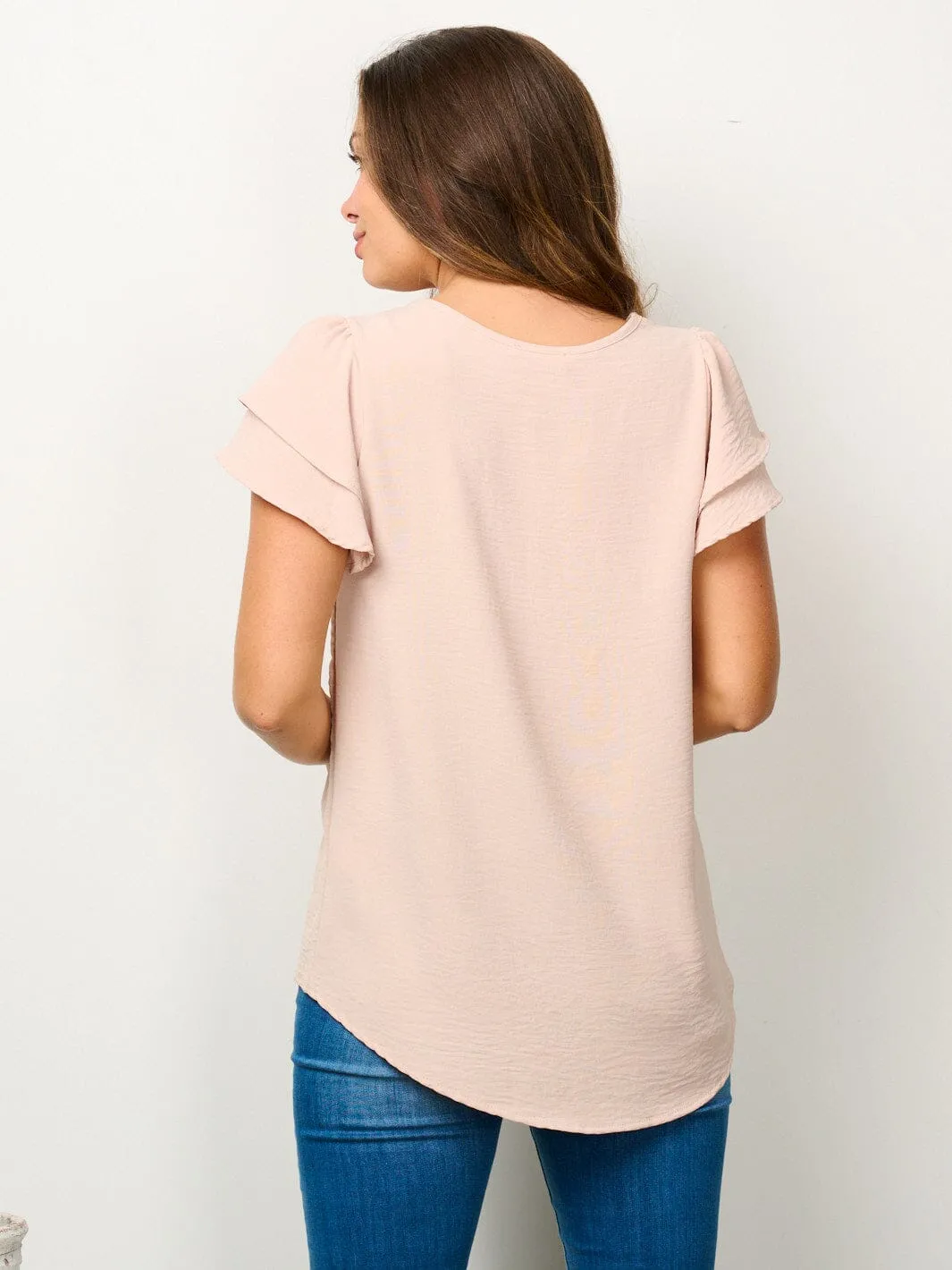 WOMEN'S SHORT RUFFLE SLEEVE SOLID BLOUSE TOP