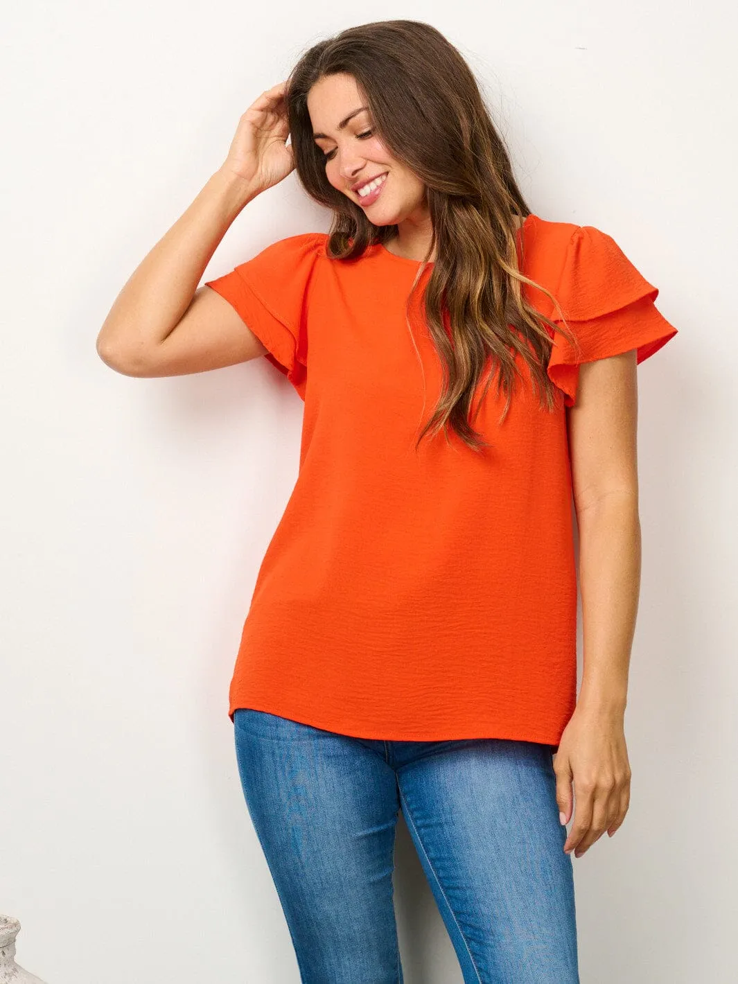 WOMEN'S SHORT RUFFLE SLEEVE SOLID BLOUSE TOP