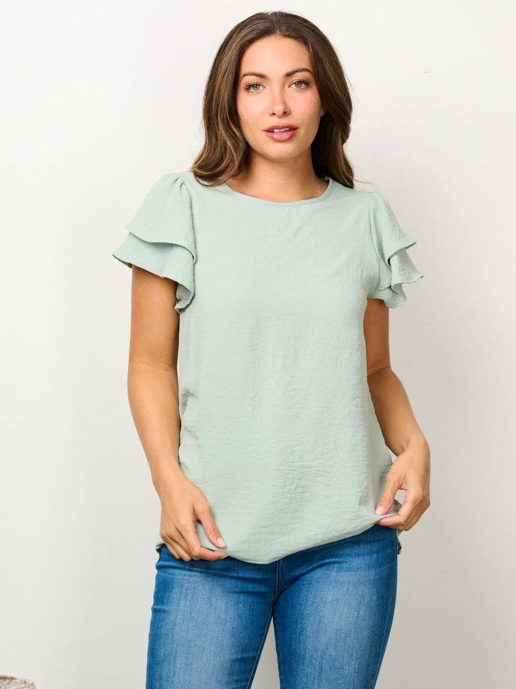WOMEN'S SHORT RUFFLE SLEEVE SOLID BLOUSE TOP