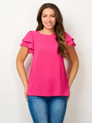 WOMEN'S SHORT RUFFLE SLEEVE SOLID BLOUSE TOP