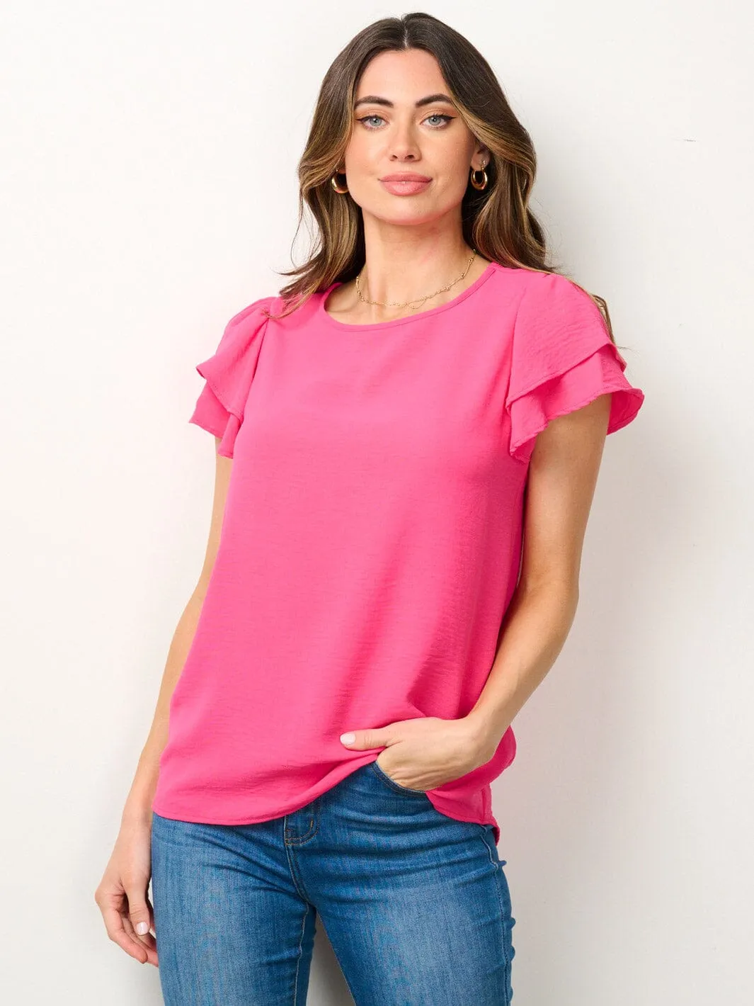 WOMEN'S SHORT RUFFLE SLEEVE SOLID BLOUSE TOP
