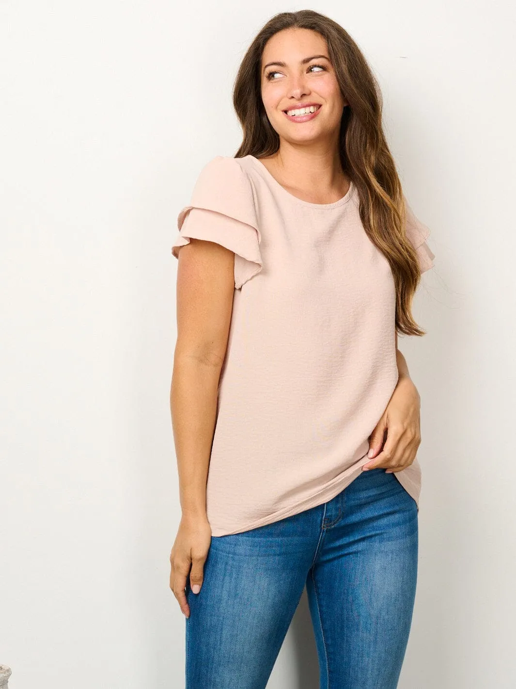 WOMEN'S SHORT RUFFLE SLEEVE SOLID BLOUSE TOP