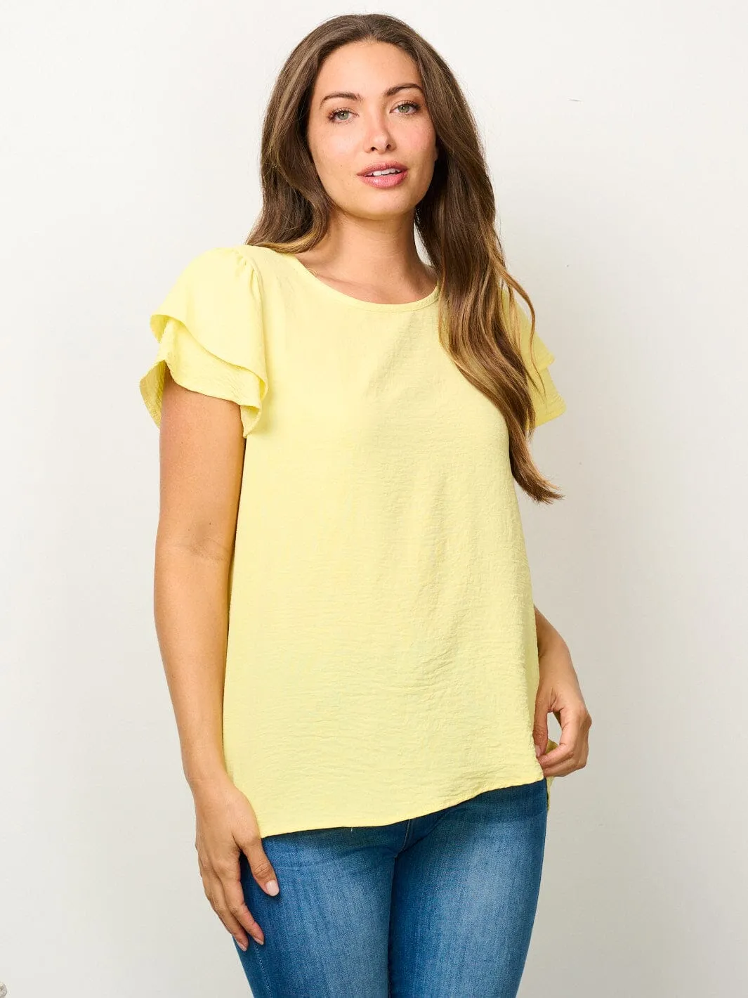WOMEN'S SHORT RUFFLE SLEEVE SOLID BLOUSE TOP