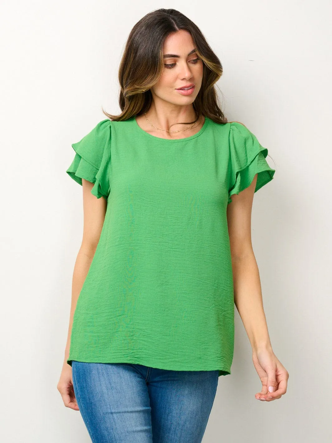 WOMEN'S SHORT RUFFLE SLEEVE SOLID BLOUSE TOP