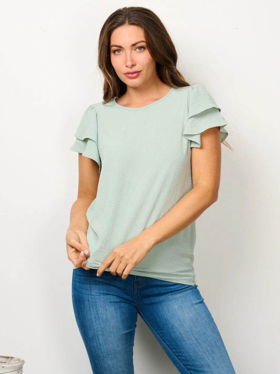 WOMEN'S SHORT RUFFLE SLEEVE SOLID BLOUSE TOP