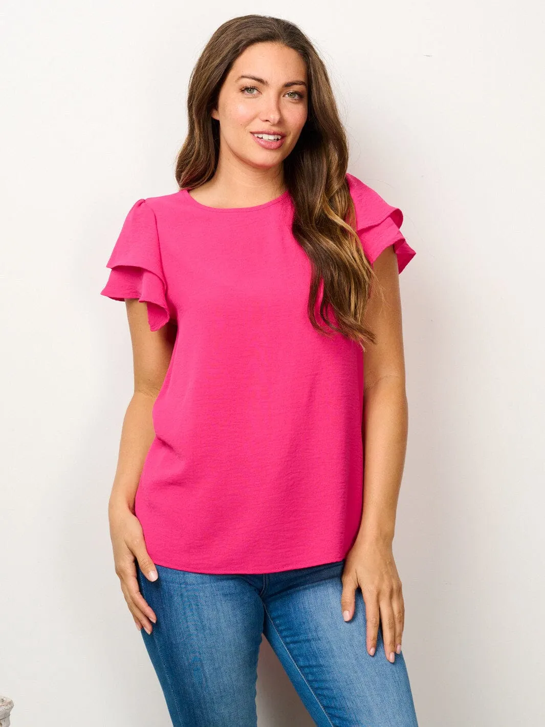 WOMEN'S SHORT RUFFLE SLEEVE SOLID BLOUSE TOP