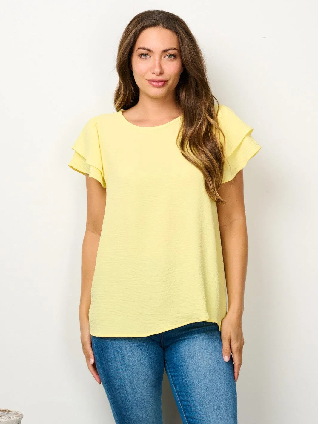 WOMEN'S SHORT RUFFLE SLEEVE SOLID BLOUSE TOP