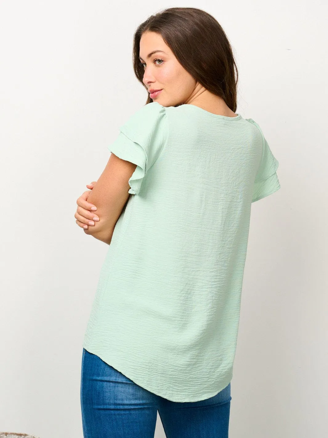 WOMEN'S SHORT RUFFLE SLEEVE SOLID BLOUSE TOP