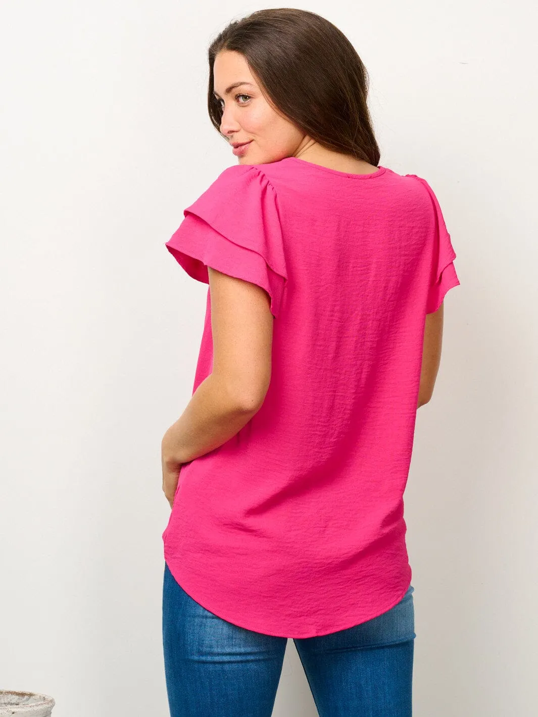 WOMEN'S SHORT RUFFLE SLEEVE SOLID BLOUSE TOP