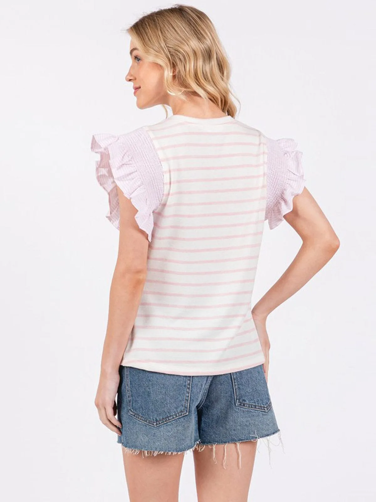 WOMEN'S SHORT RUFFLE SLEEVE STRIPES COLORBLOCK TOP