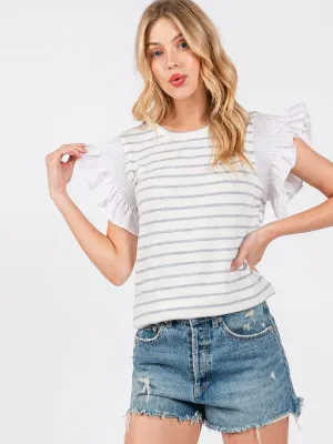 WOMEN'S SHORT RUFFLE SLEEVE STRIPES COLORBLOCK TOP