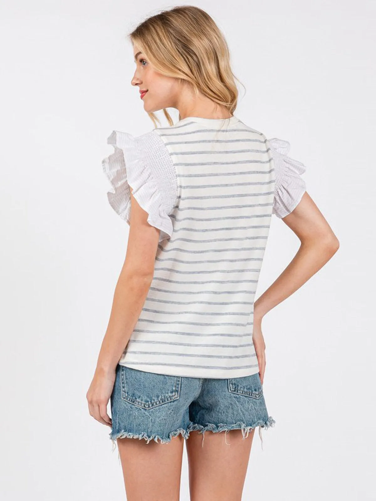 WOMEN'S SHORT RUFFLE SLEEVE STRIPES COLORBLOCK TOP