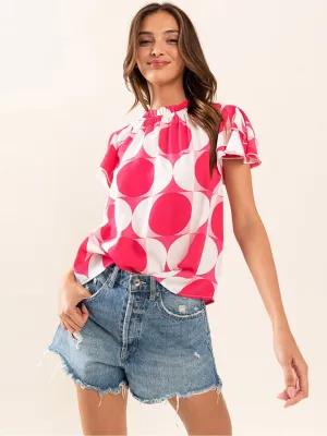 WOMEN'S SHORT SLEEVE MOCK NECK PRINTED BLOUSE TOP