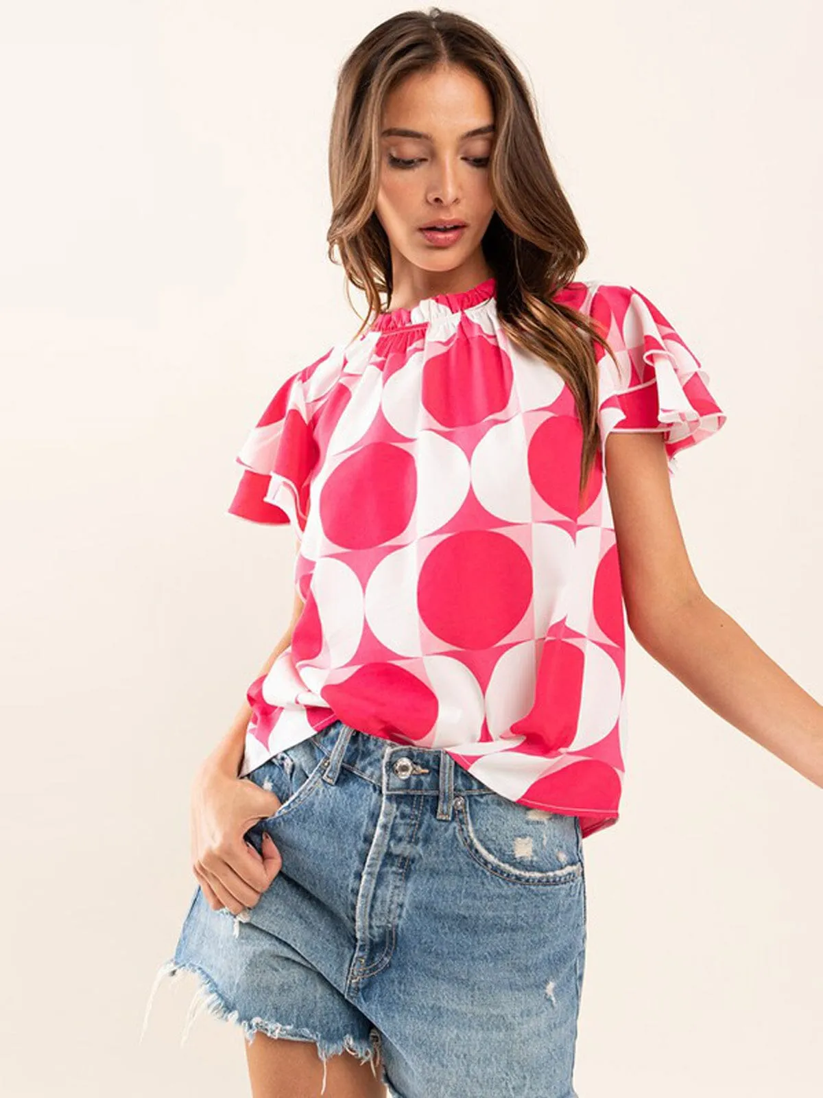 WOMEN'S SHORT SLEEVE MOCK NECK PRINTED BLOUSE TOP