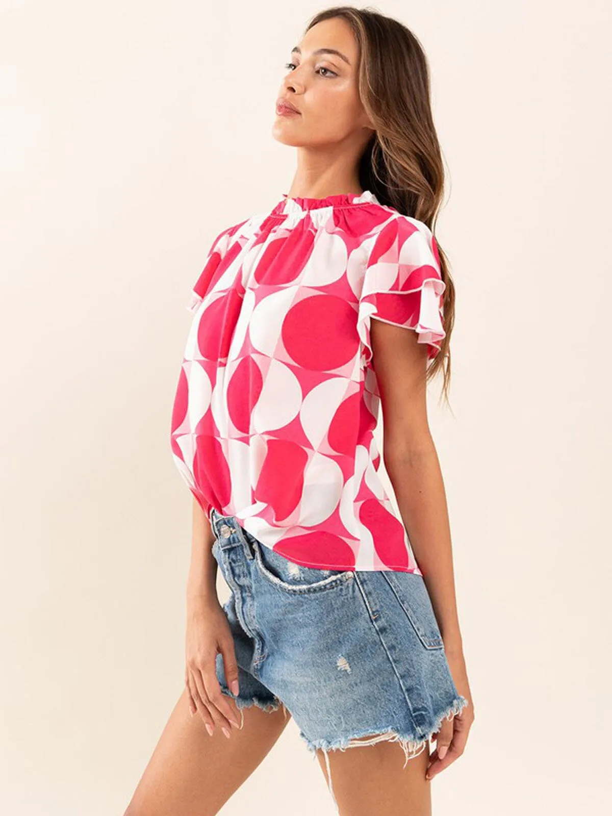 WOMEN'S SHORT SLEEVE MOCK NECK PRINTED BLOUSE TOP