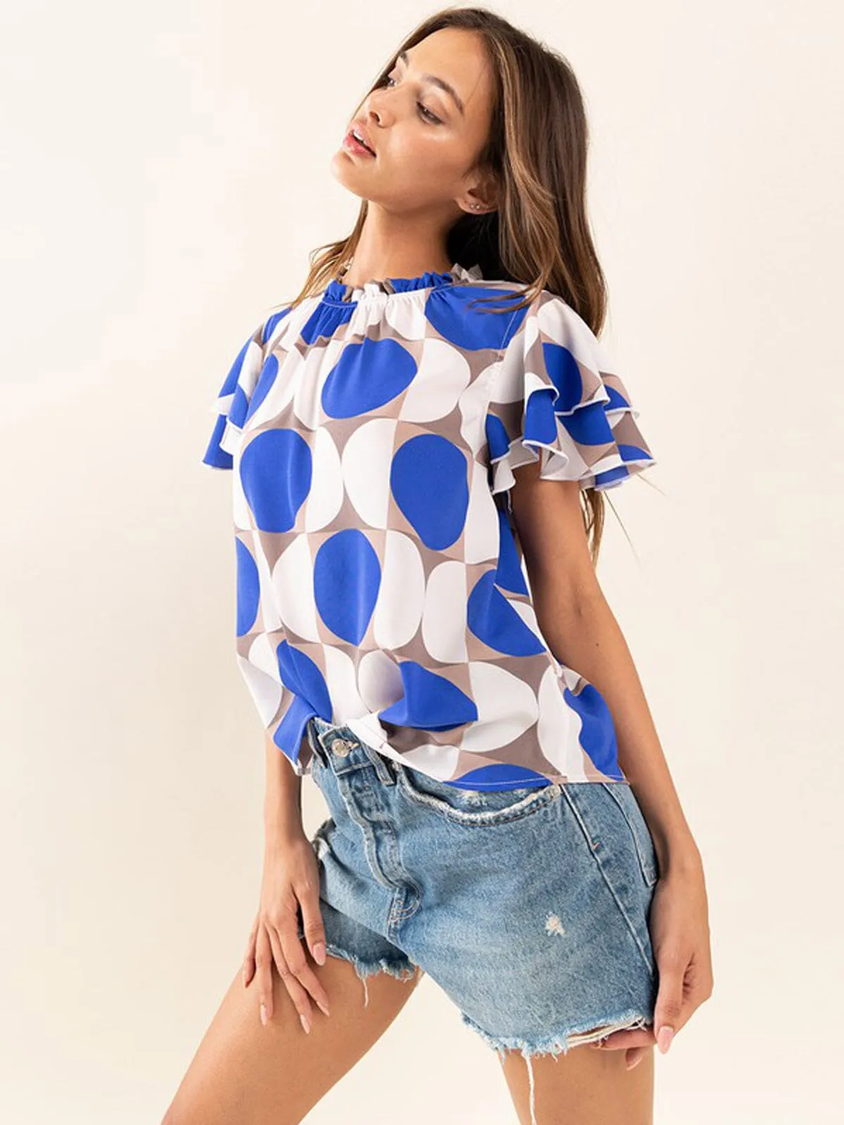 WOMEN'S SHORT SLEEVE MOCK NECK PRINTED BLOUSE TOP