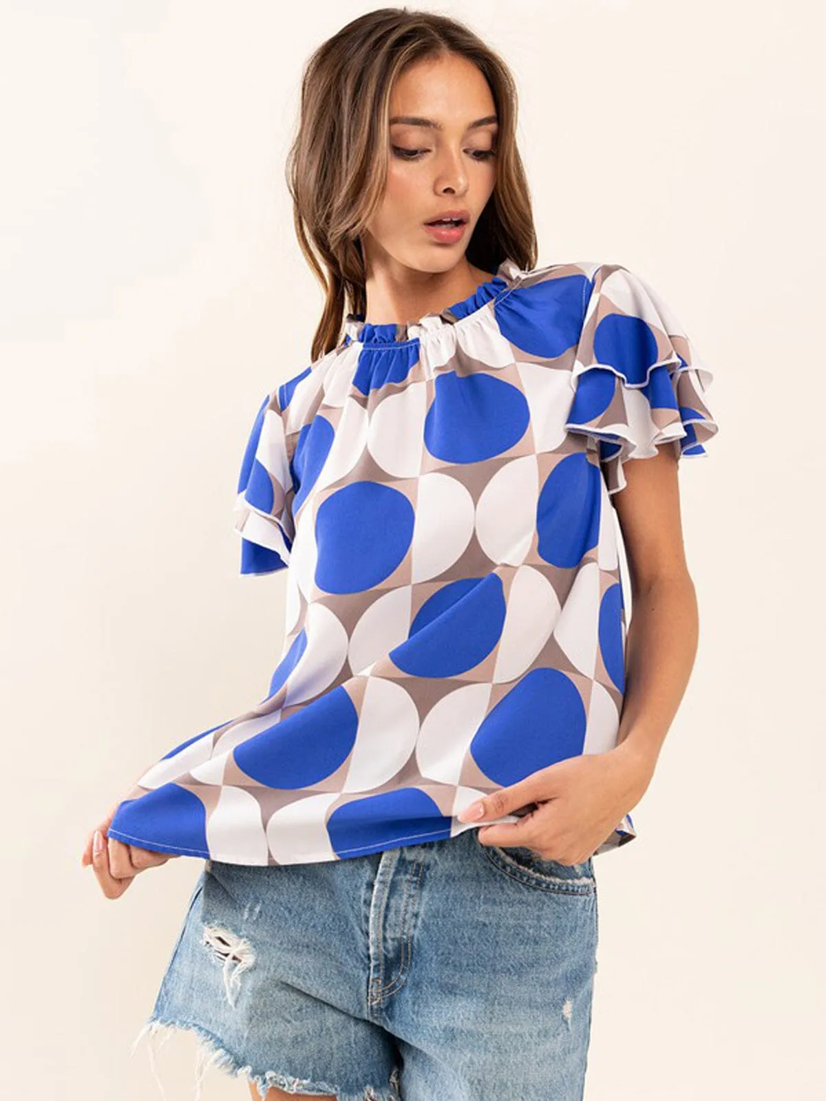 WOMEN'S SHORT SLEEVE MOCK NECK PRINTED BLOUSE TOP