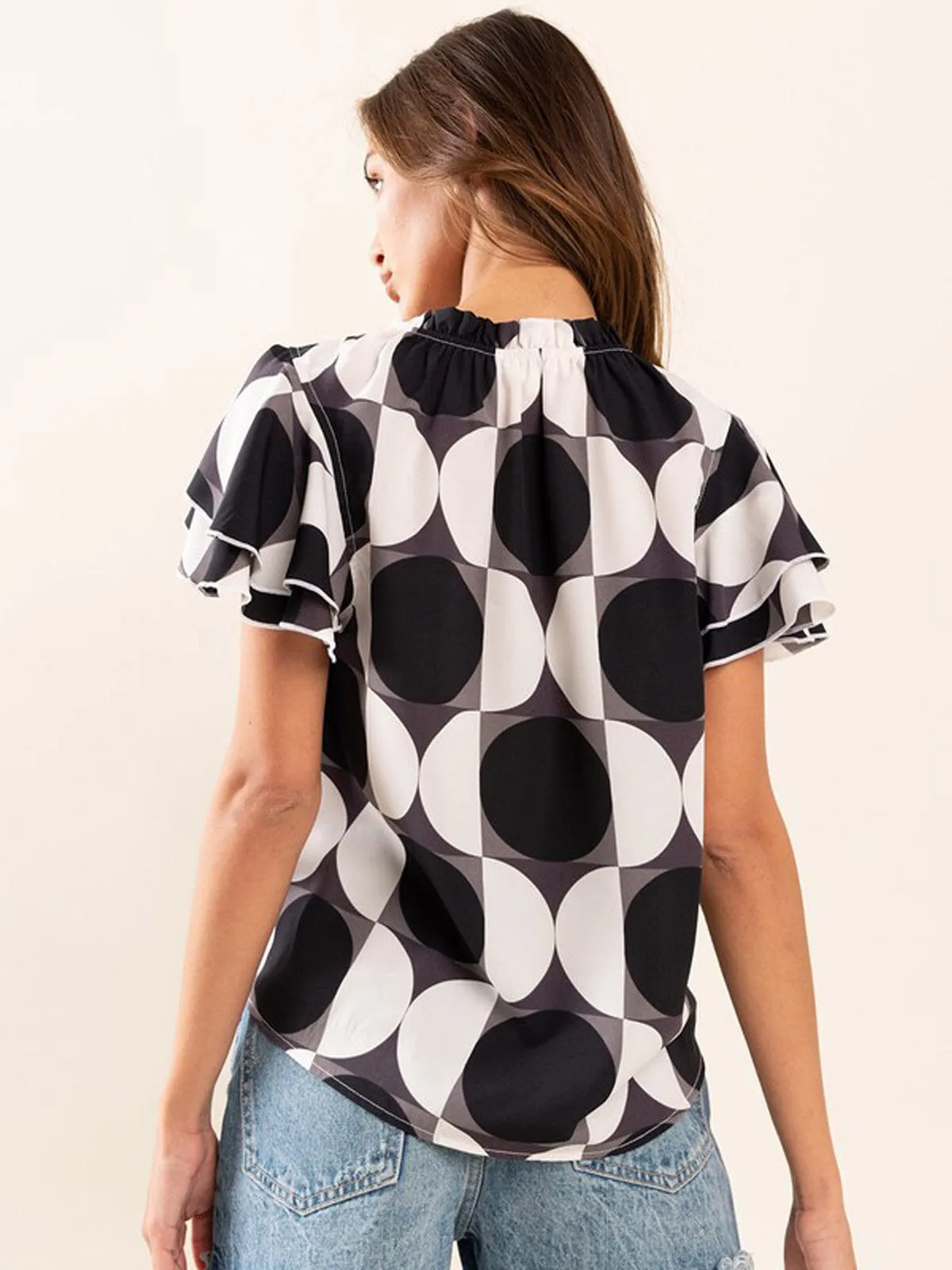 WOMEN'S SHORT SLEEVE MOCK NECK PRINTED BLOUSE TOP