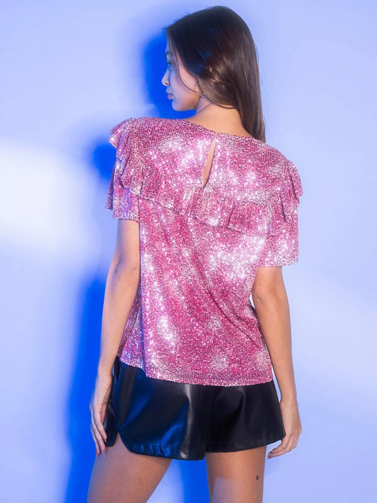 WOMEN'S SHORT SLEEVE SEQUINS RUFFLE BLOUSE TOP
