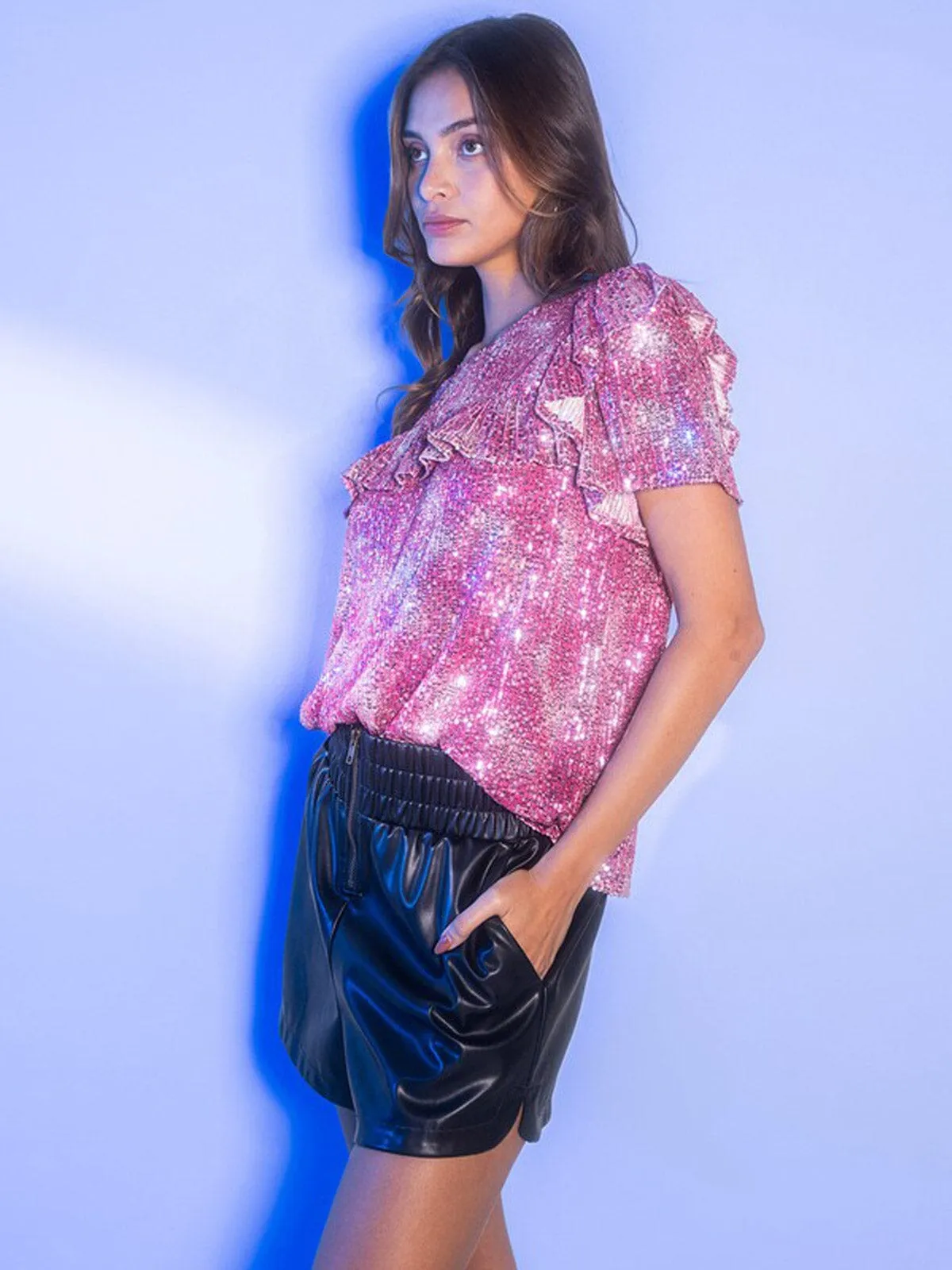 WOMEN'S SHORT SLEEVE SEQUINS RUFFLE BLOUSE TOP