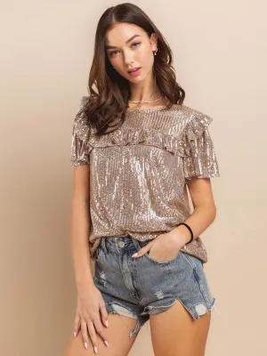 WOMEN'S SHORT SLEEVE SEQUINS RUFFLE BLOUSE TOP
