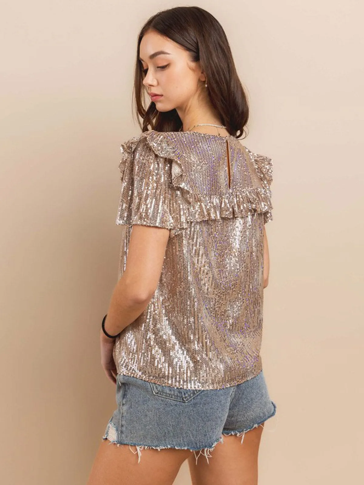 WOMEN'S SHORT SLEEVE SEQUINS RUFFLE BLOUSE TOP