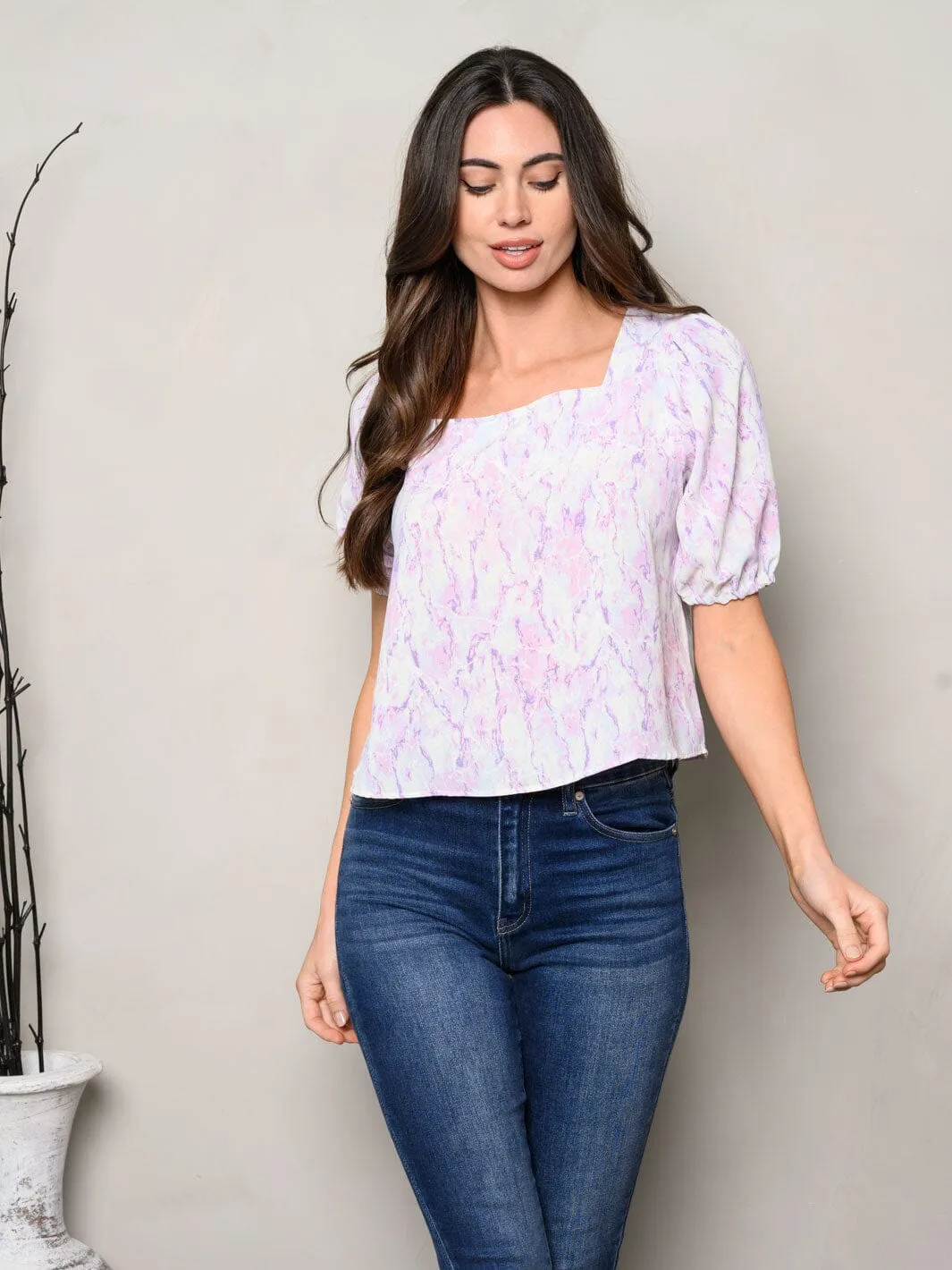 WOMEN'S SHORT SLEEVE TIE DYE SQUARE NECK TOP