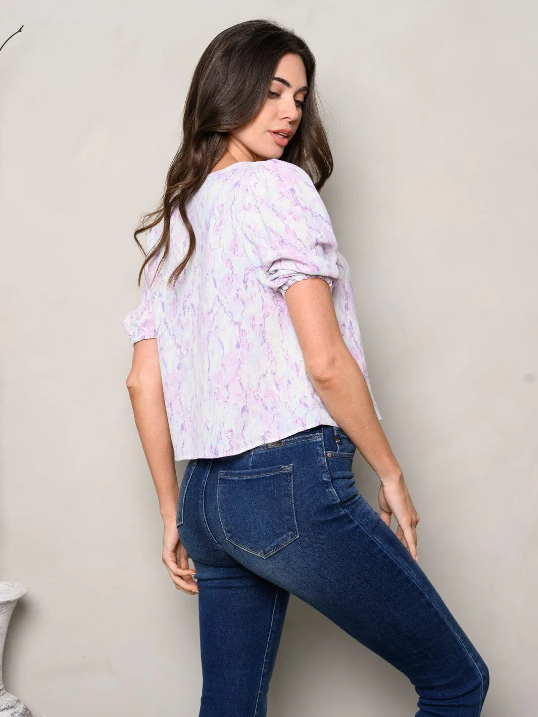 WOMEN'S SHORT SLEEVE TIE DYE SQUARE NECK TOP