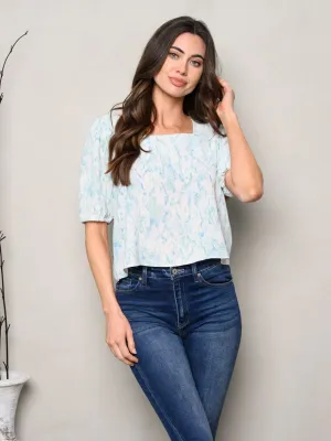 WOMEN'S SHORT SLEEVE TIE DYE SQUARE NECK TOP