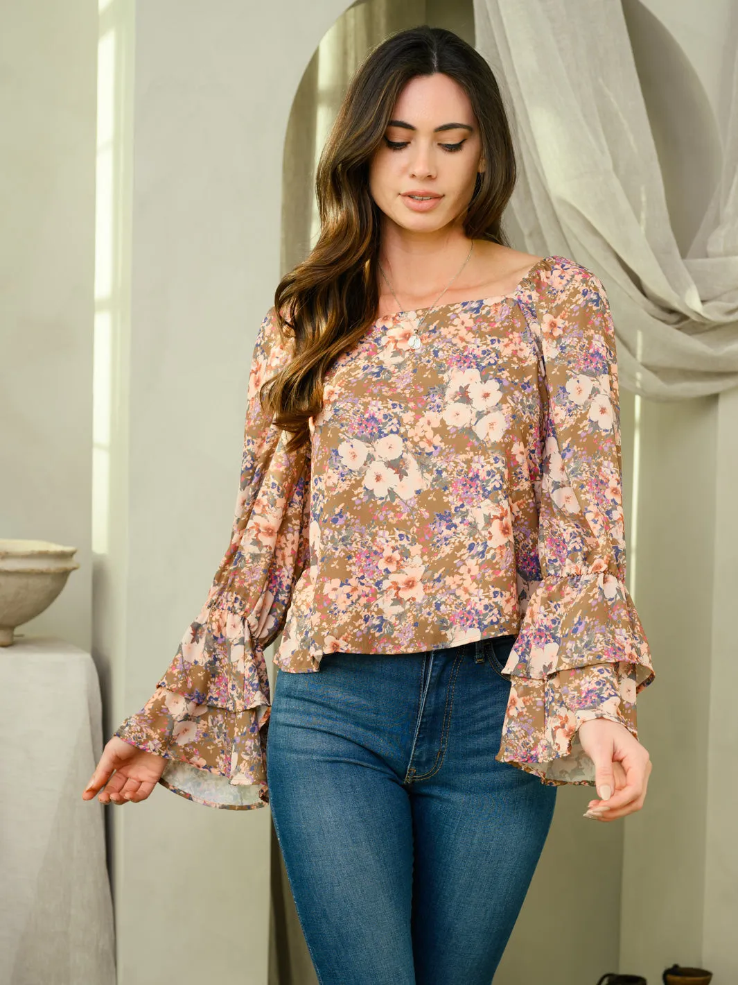 WOMEN'S SQUARE NECK TIERED LONG SLEEVE FLORAL TOP