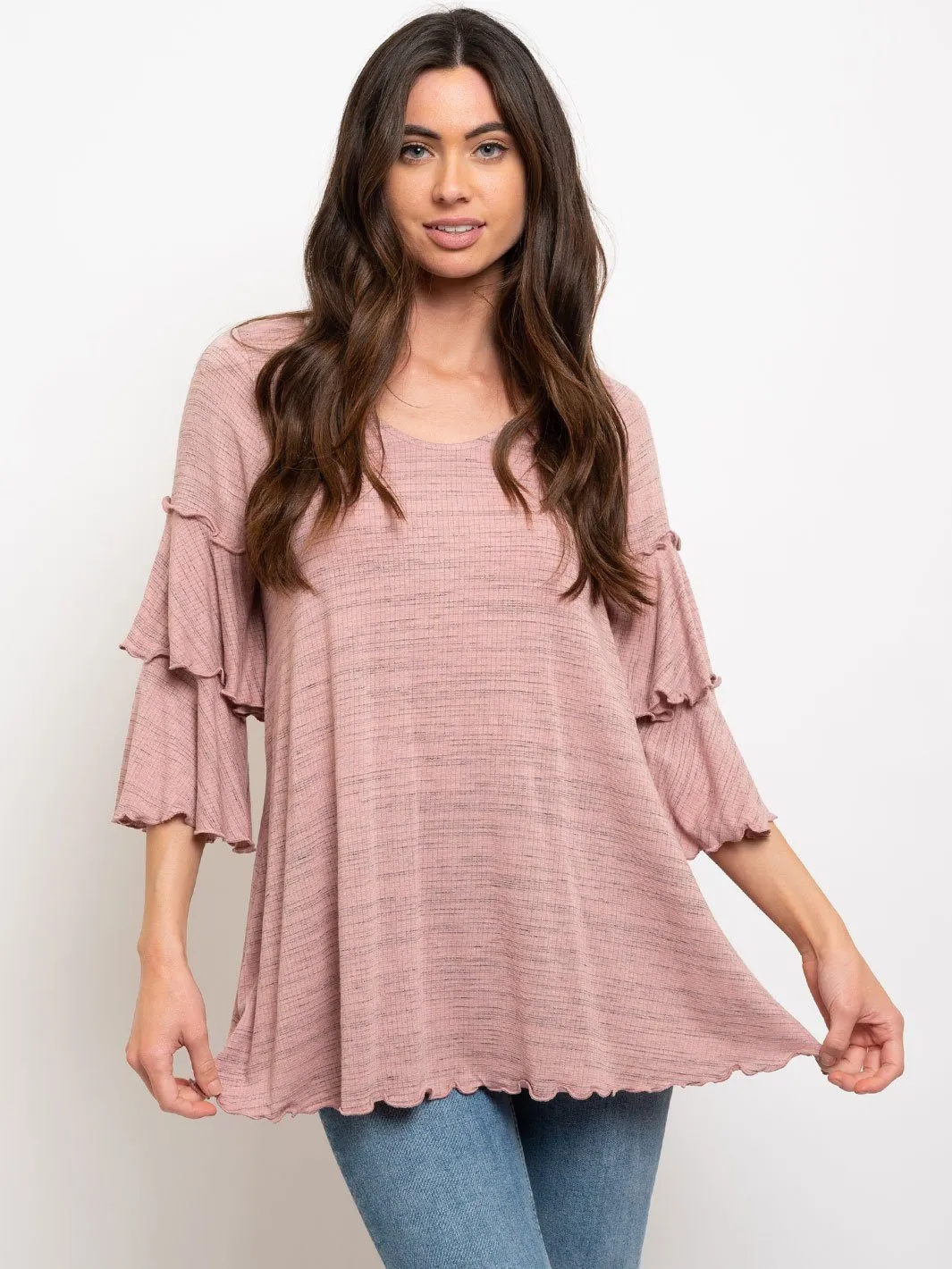 WOMEN'S TIERED SLEEVES LETTUCE TRIM TOP