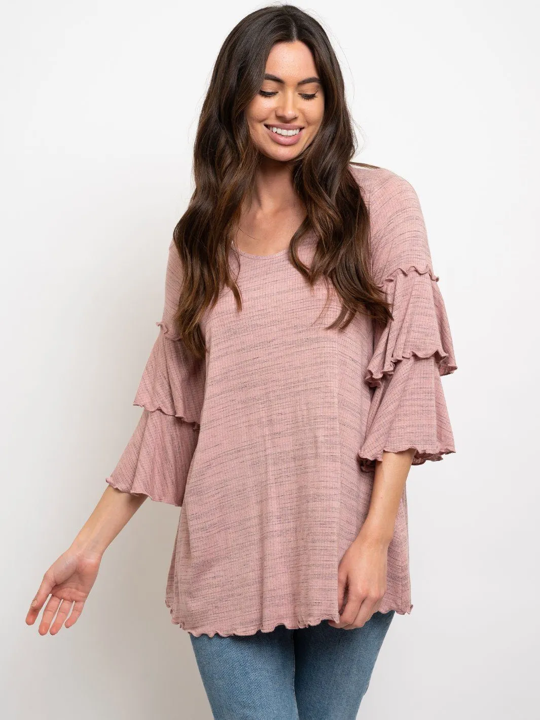 WOMEN'S TIERED SLEEVES LETTUCE TRIM TOP