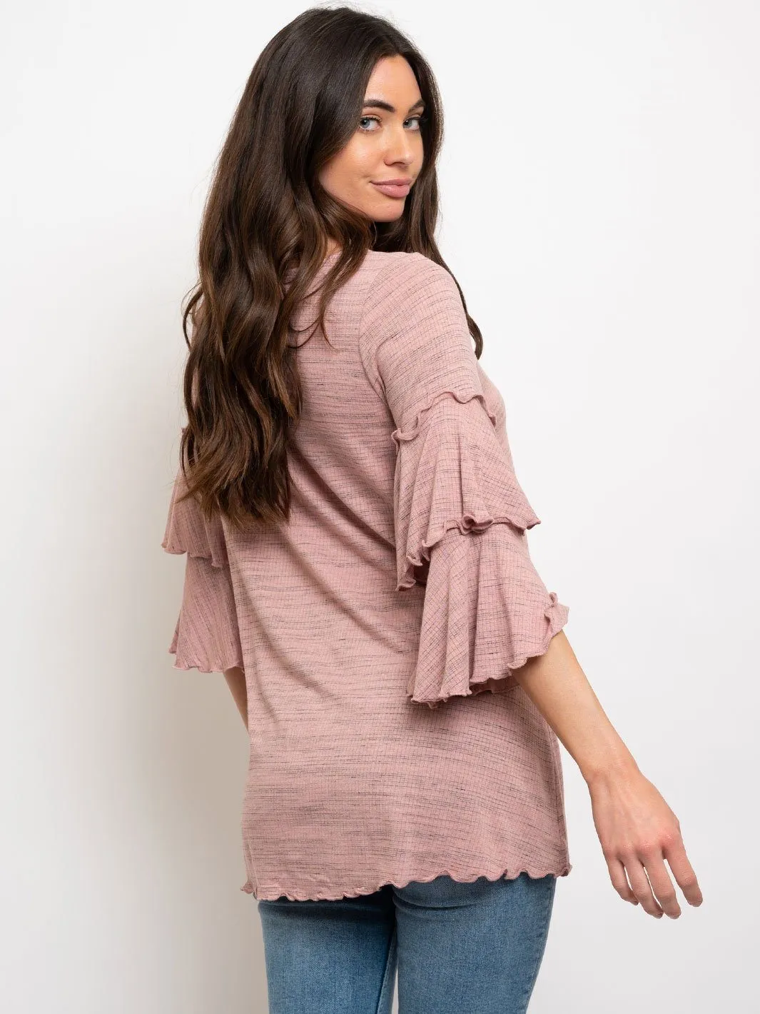 WOMEN'S TIERED SLEEVES LETTUCE TRIM TOP