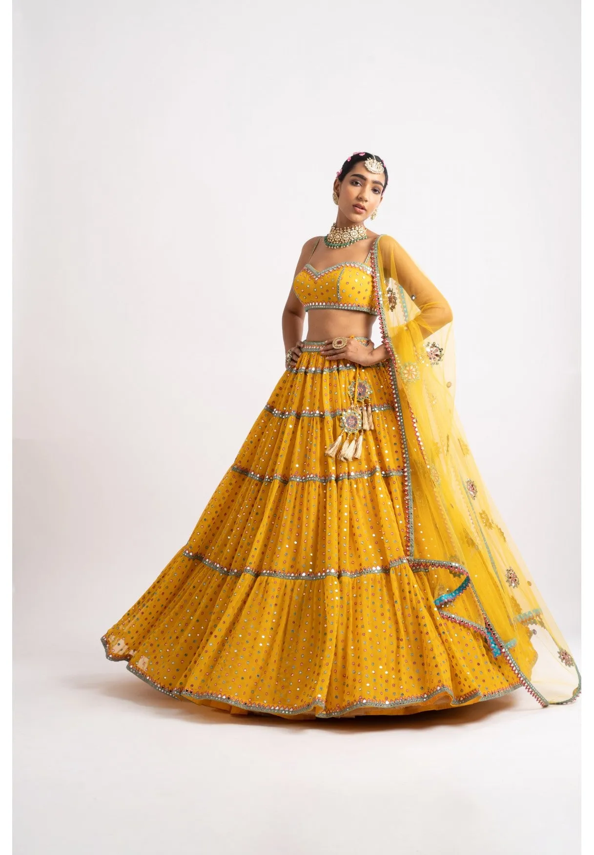 Yellow Noodle Strap Multi Tier Lehenga Set