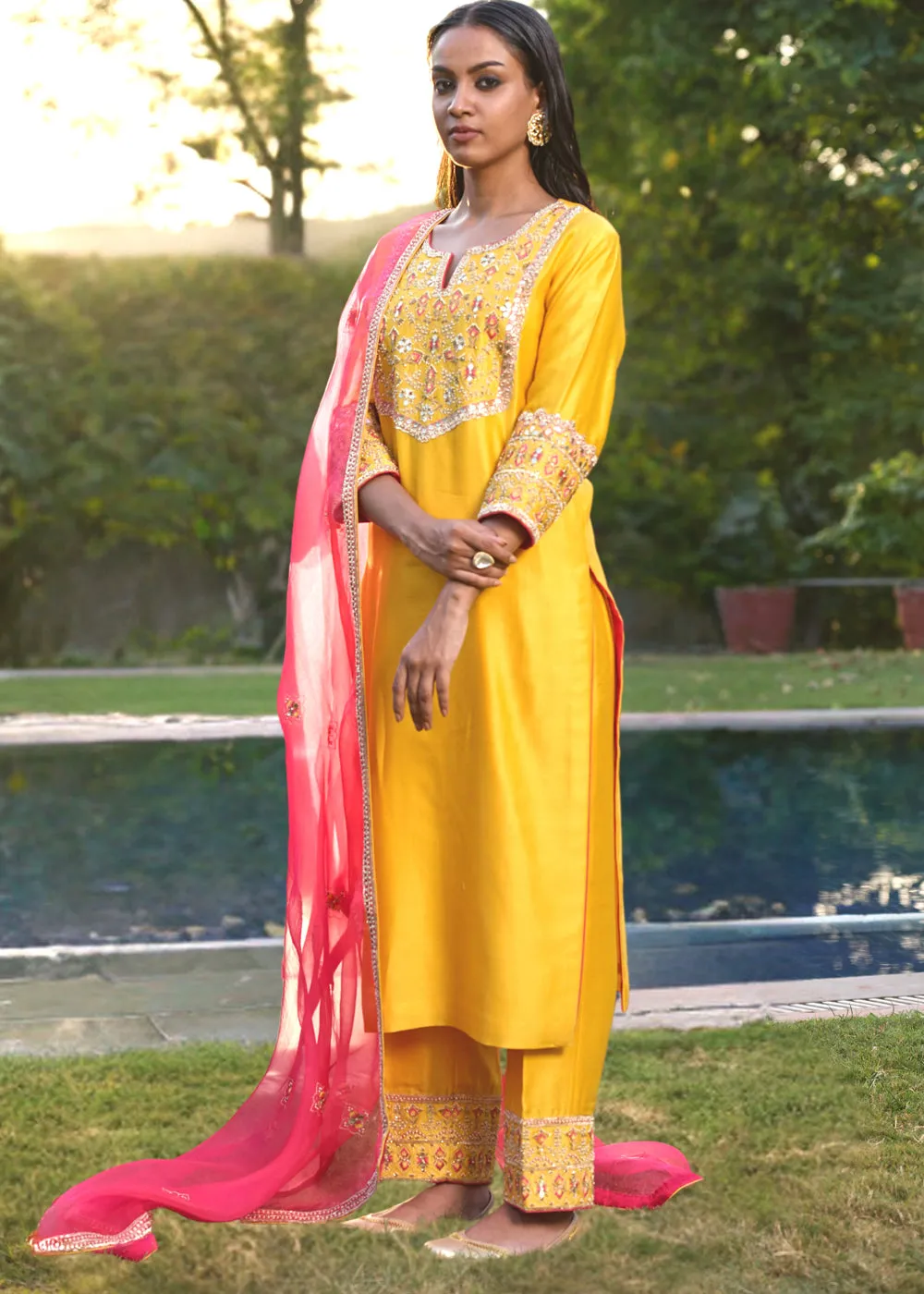 Yellow Pink Hand Embroidered Silk Kurta Set