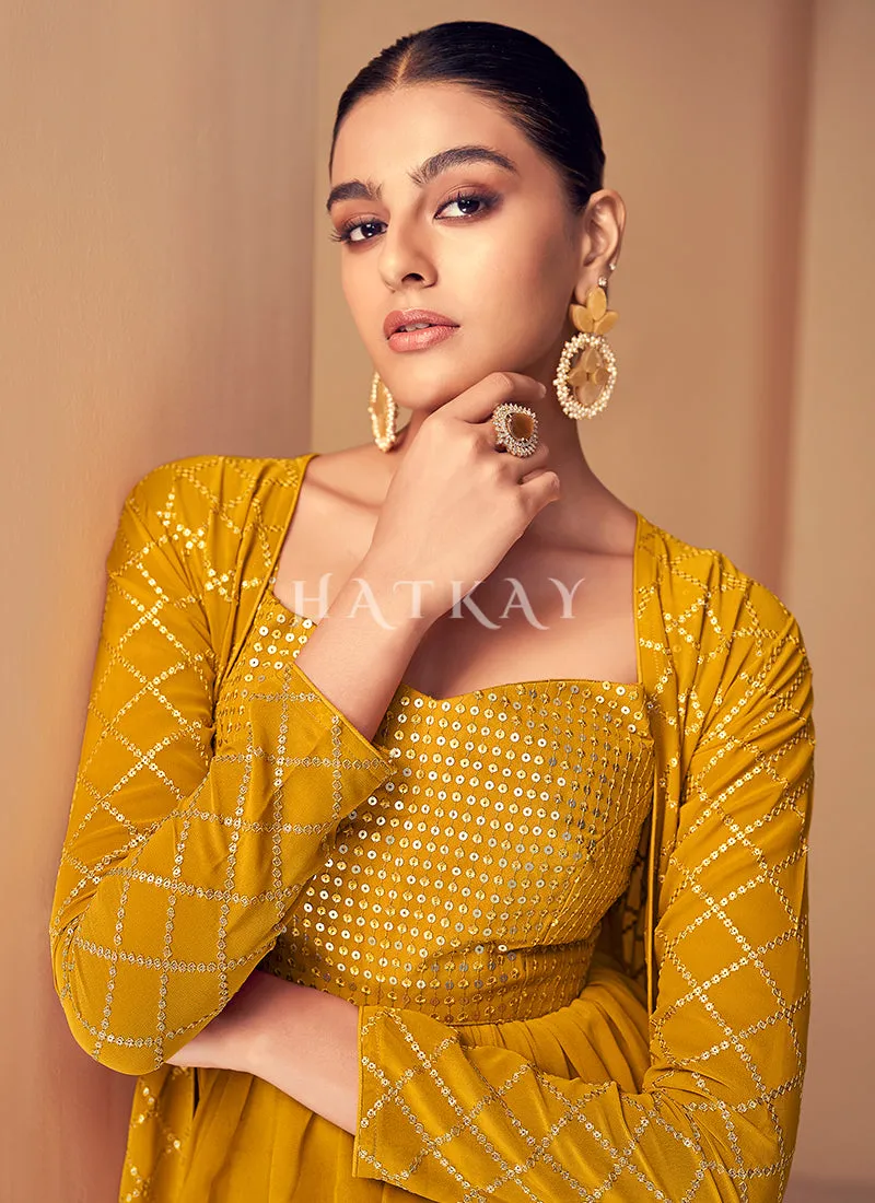 Yellow Sequence Embroidered Jacket Style Gharara Suit