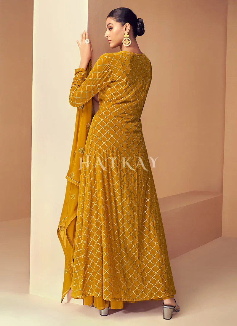 Yellow Sequence Embroidered Jacket Style Gharara Suit