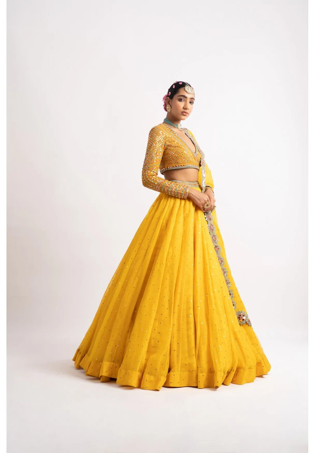 Yellow Silk Organza Lehenga Set