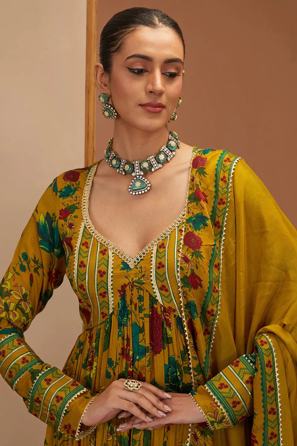 Yellow Viscose Chinon Printed And Embroidered Short Anarkali Sharara Set For Women