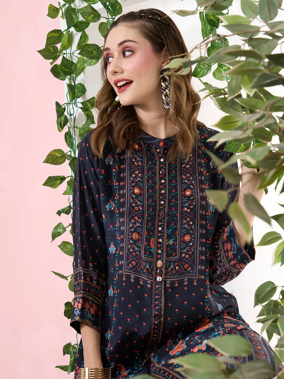 ZOLA Exclusive Mandarin Collar Muslin All over Floral Print NavyBlue Straight Co-Ord Set For Women