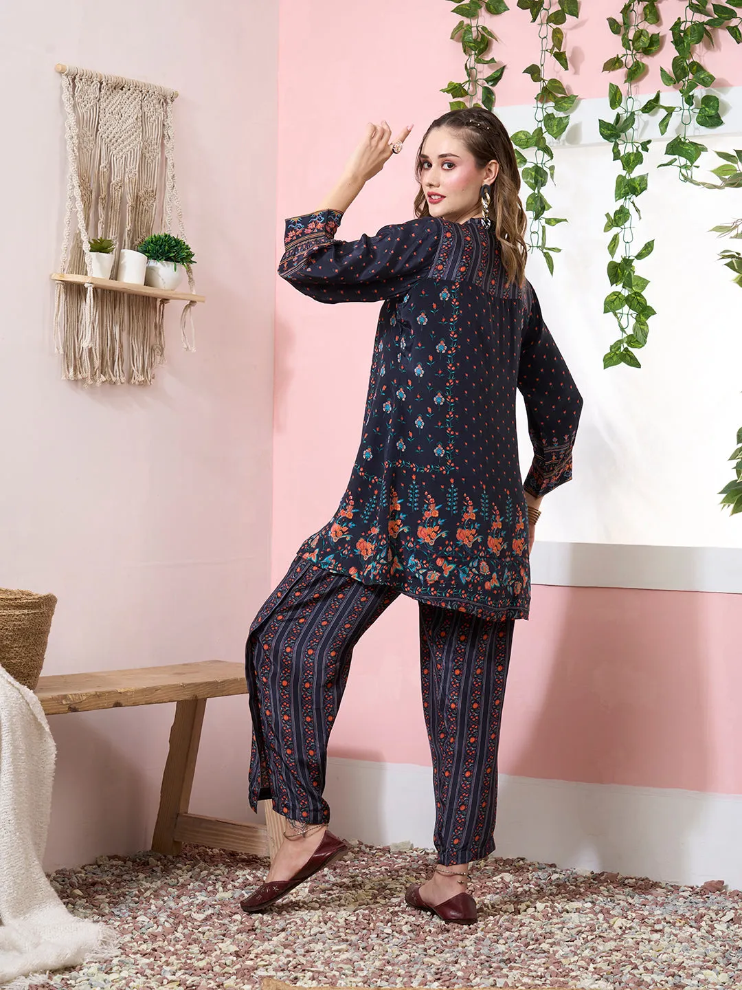 ZOLA Exclusive Mandarin Collar Muslin All over Floral Print NavyBlue Straight Co-Ord Set For Women