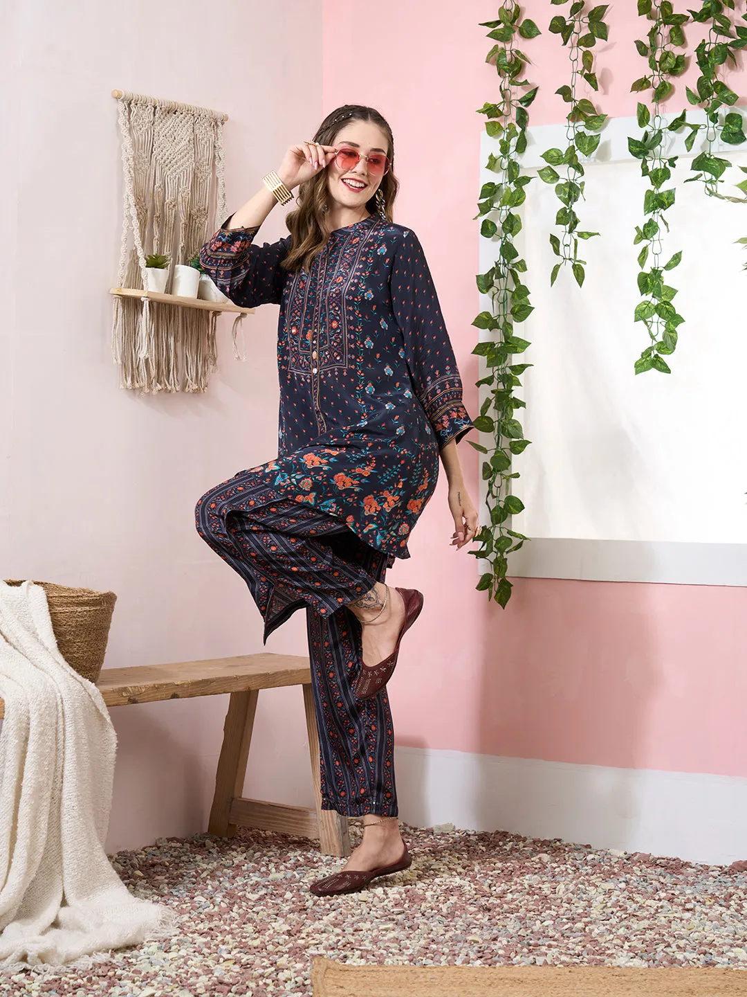ZOLA Exclusive Mandarin Collar Muslin All over Floral Print NavyBlue Straight Co-Ord Set For Women