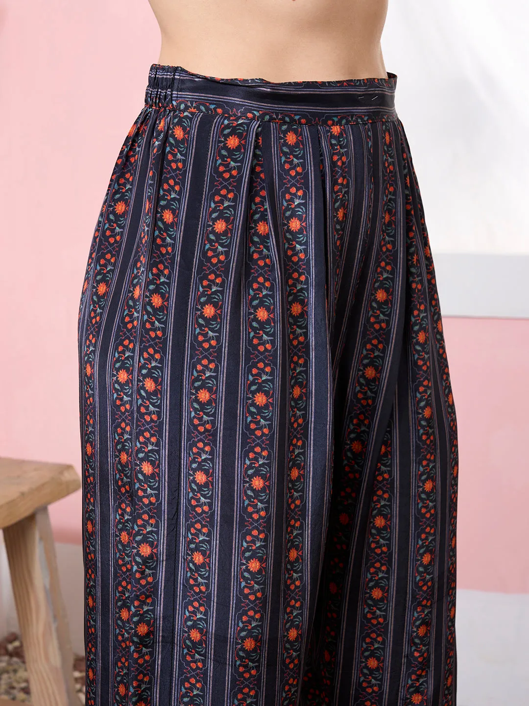 ZOLA Exclusive Mandarin Collar Muslin All over Floral Print NavyBlue Straight Co-Ord Set For Women