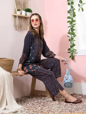 ZOLA Exclusive Mandarin Collar Muslin All over Floral Print NavyBlue Straight Co-Ord Set For Women