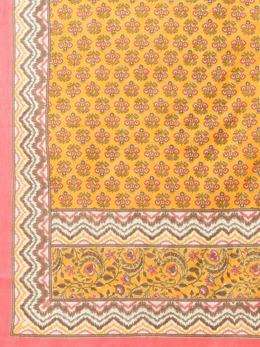 ZOLA Round Neck Cotton All over Floral Block Print Yellow Kurta Set With Dupatta For Women