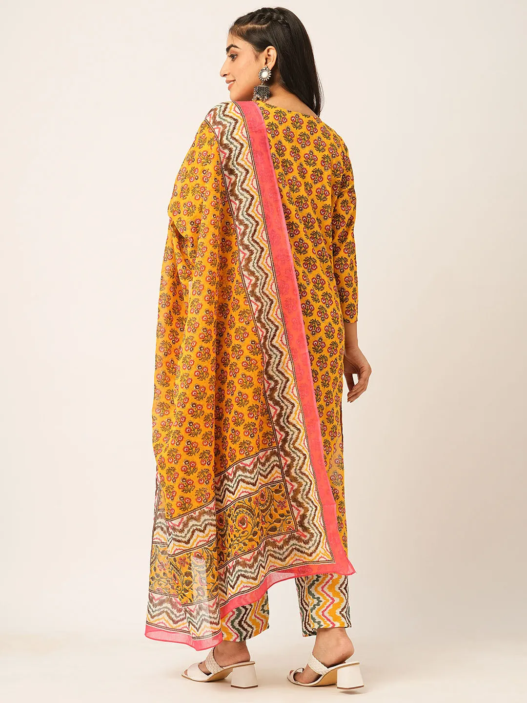 ZOLA Round Neck Cotton All over Floral Block Print Yellow Kurta Set With Dupatta For Women